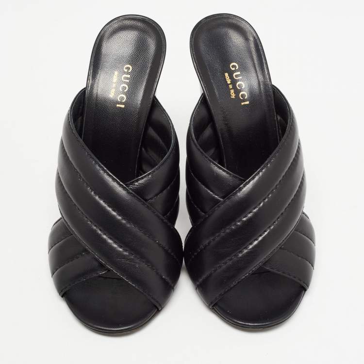 Pre Owned Gucci Black Quilted Leather Webby Criss Cross Open Toe Mules Size 37