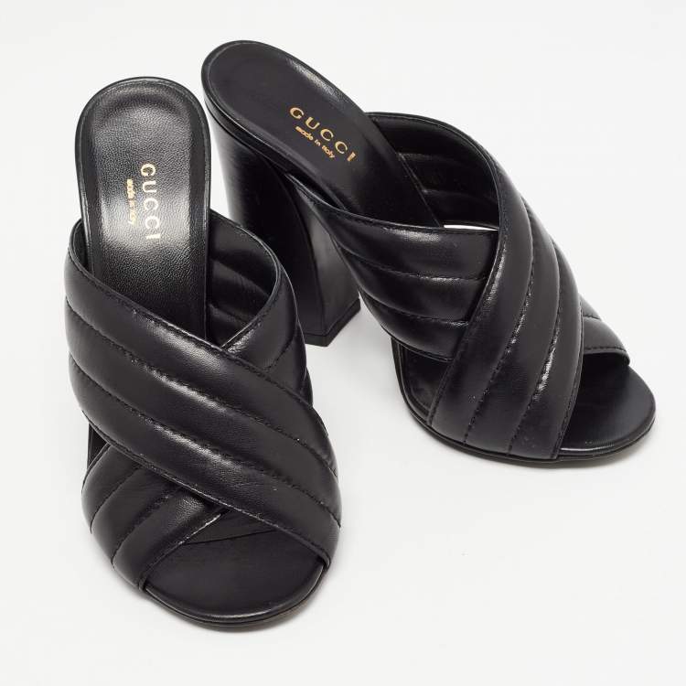 Pre Owned Gucci Black Quilted Leather Webby Criss Cross Open Toe Mules Size 37