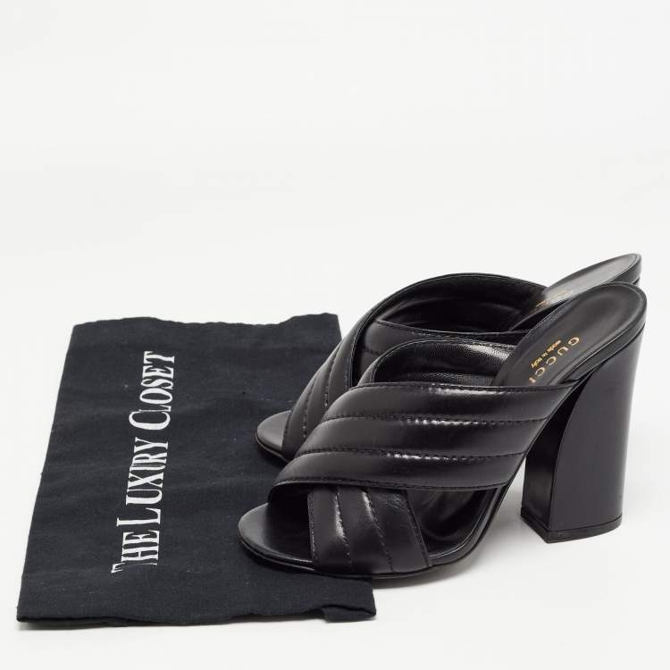 Pre Owned Gucci Black Quilted Leather Webby Criss Cross Open Toe Mules Size 37