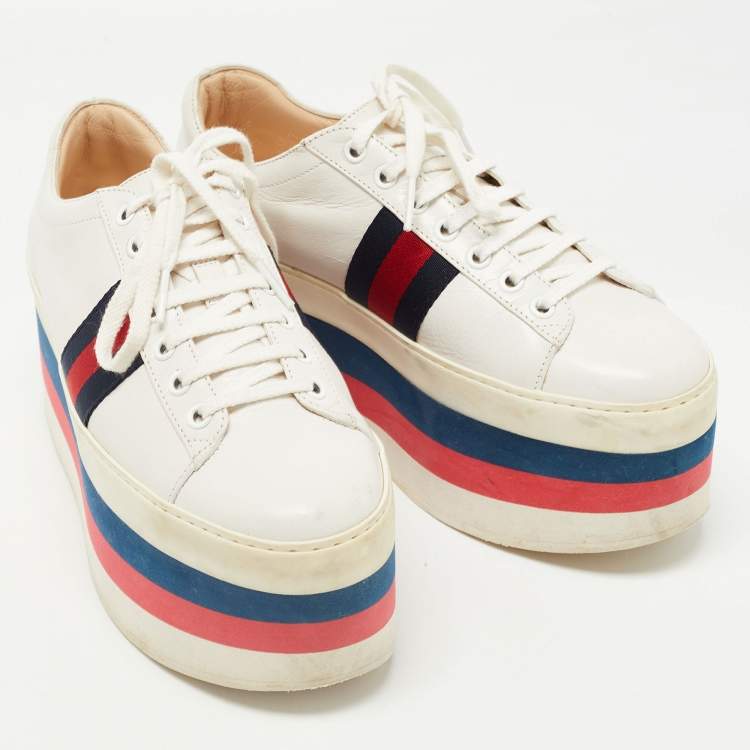 Pre Owned Gucci White Leather Peggy Platform Sneakers Size 38.5