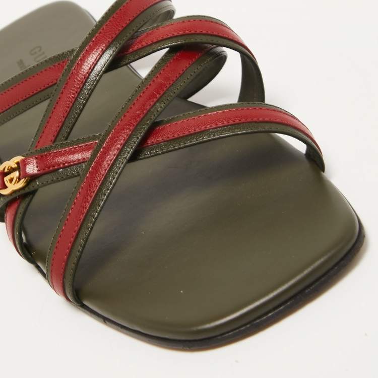 Pre Owned Gucci Green/Red Leather Interlocking G Cross Strap Slide Flats Size 44