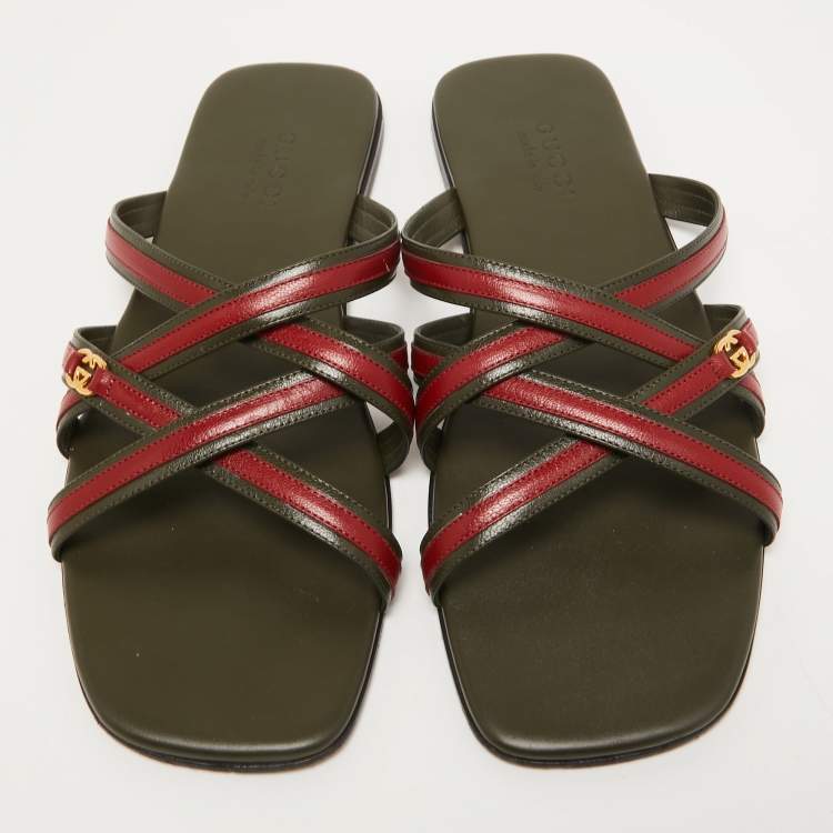 Pre Owned Gucci Green/Red Leather Interlocking G Cross Strap Slide Flats Size 44