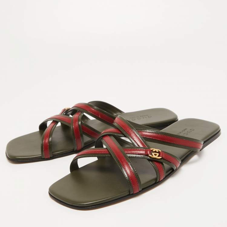 Pre Owned Gucci Green/Red Leather Interlocking G Cross Strap Slide Flats Size 44