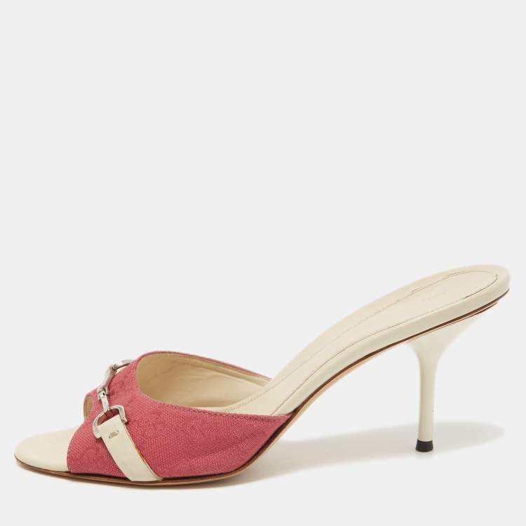 Pre Owned Gucci Pink GG Canvas Horsebit Slides Size 38.5  