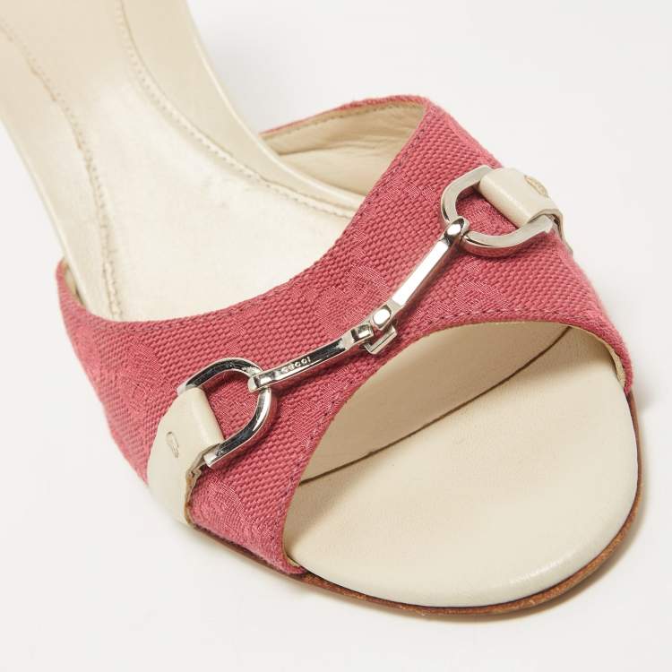 Pre Owned Gucci Pink GG Canvas Horsebit Slides Size 38.5  