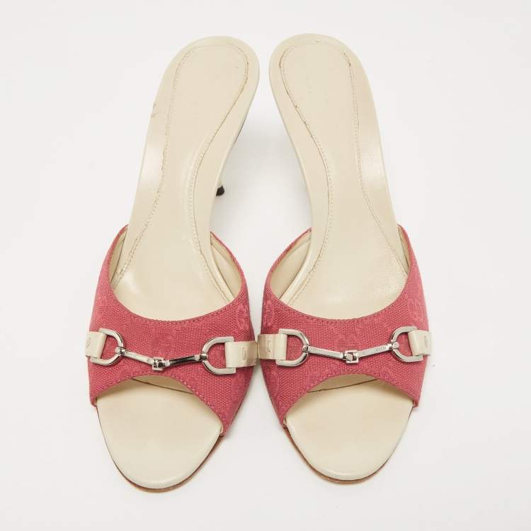 Pre Owned Gucci Pink GG Canvas Horsebit Slides Size 38.5  