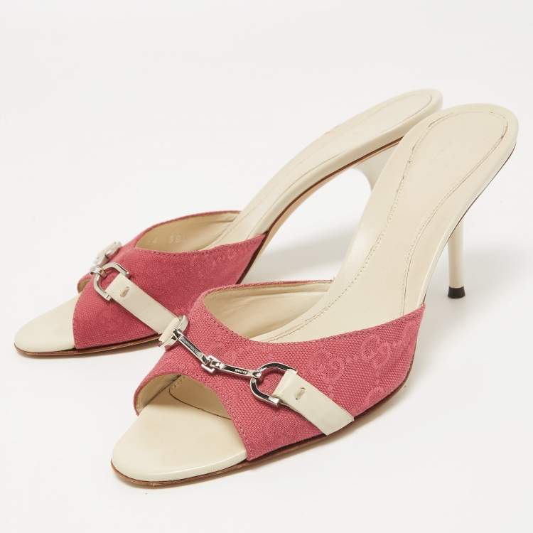 Pre Owned Gucci Pink GG Canvas Horsebit Slides Size 38.5  