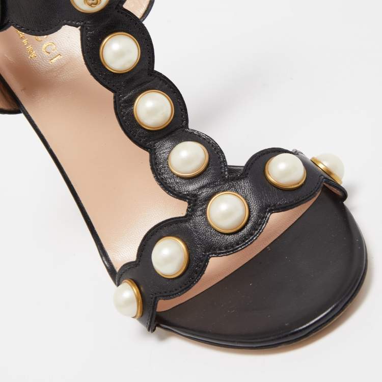 Pre Owned Gucci Black Leather Pearl Embellished Block Heel Ankle Strap Sandals Size 37.5