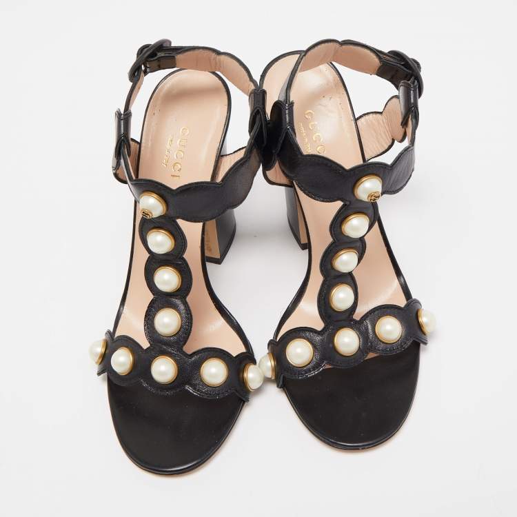 Pre Owned Gucci Black Leather Pearl Embellished Block Heel Ankle Strap Sandals Size 37.5