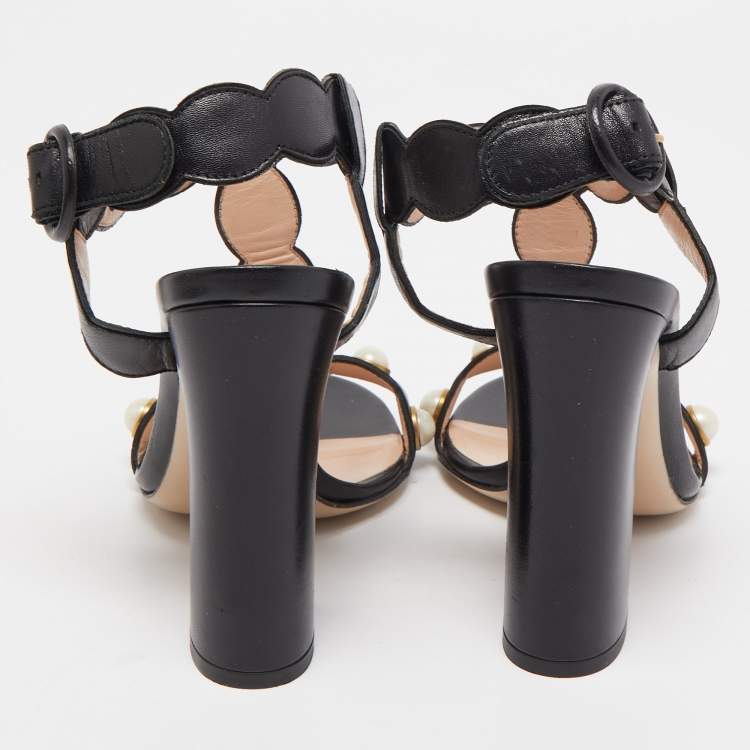Pre Owned Gucci Black Leather Pearl Embellished Block Heel Ankle Strap Sandals Size 37.5