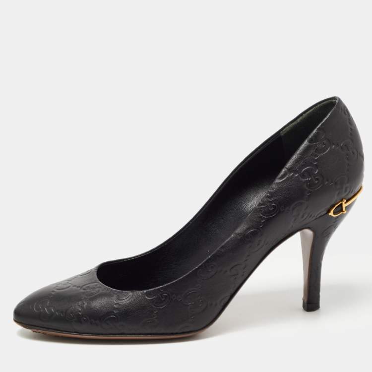 Pre Owned Gucci Black Guccissima Leather Horsebit Heel Pumps Size 37.5