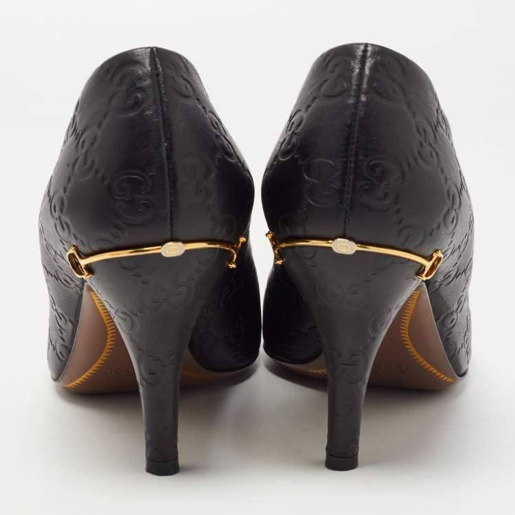 Pre Owned Gucci Black Guccissima Leather Horsebit Heel Pumps Size 37.5