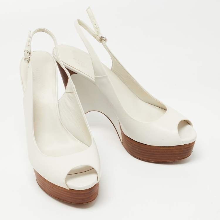 Pre Owned Gucci White Leather Wooden Wedge Slingback Sandals Size 38