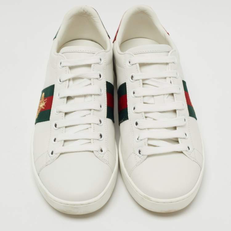Pre Owned Gucci White Leather Embroidered Bee Ace Sneakers Size 36