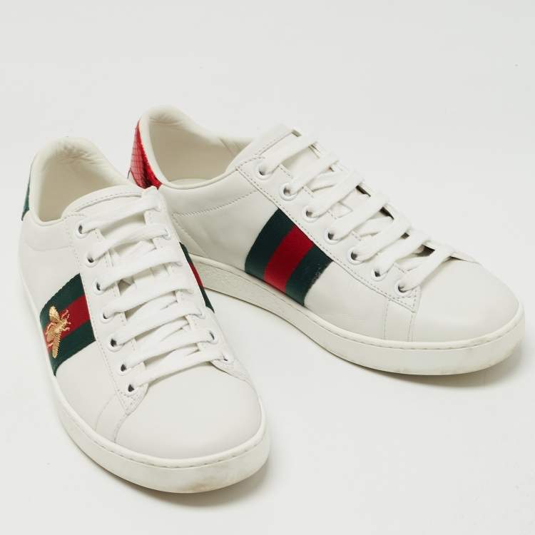 Pre Owned Gucci White Leather Embroidered Bee Ace Sneakers Size 36