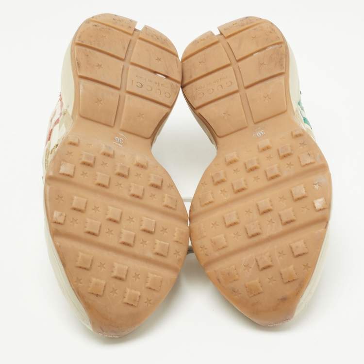 Pre Owned Gucci Cream Leather Glitter Logo Rhyton Sneakers Size 36