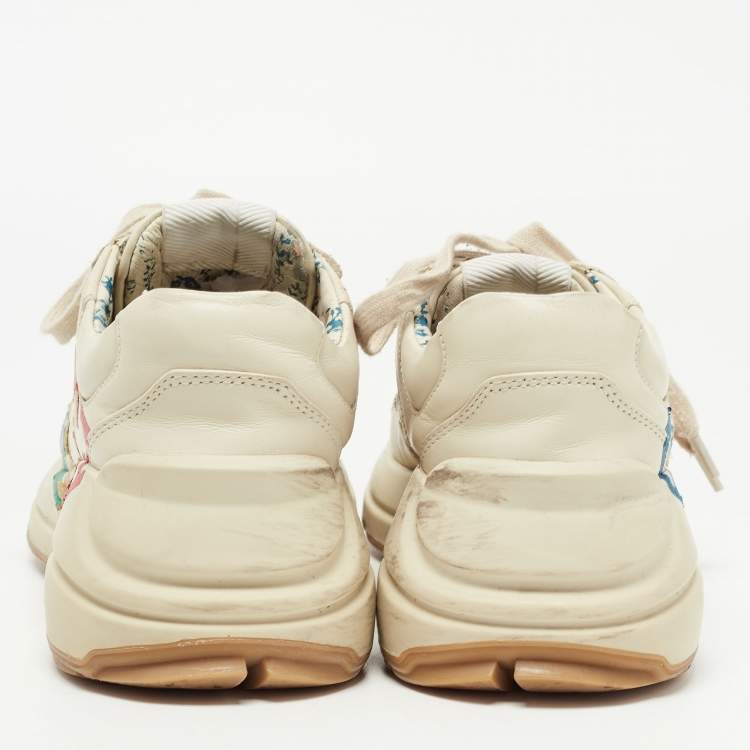 Pre Owned Gucci Cream Leather Glitter Logo Rhyton Sneakers Size 36