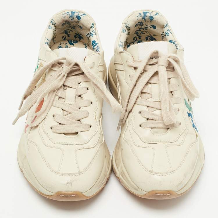 Pre Owned Gucci Cream Leather Glitter Logo Rhyton Sneakers Size 36