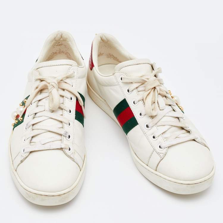 Pre Owned Gucci White Leather Web Detail New Ace Faux Pearl Embellished Low Top Sneakers Size 39.5