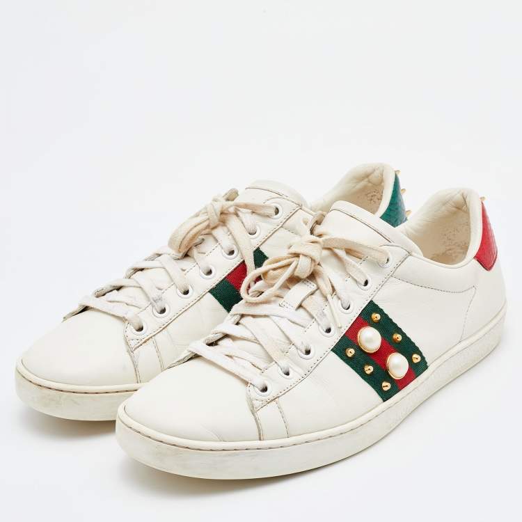 Gucci White Leather Web Detail New Ace Faux Pearl Low Top Sneakers Size 39.5 Gucci | TLC