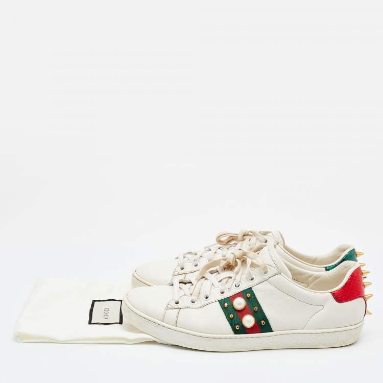 Pre Owned Gucci White Leather Web Detail New Ace Faux Pearl Embellished Low Top Sneakers Size 39.5
