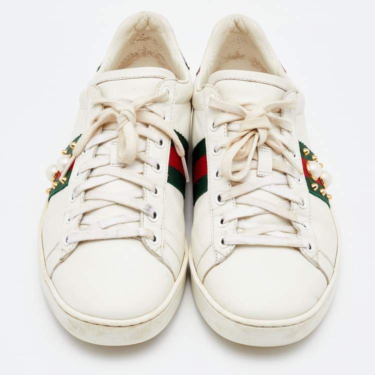 Pre Owned Gucci White Leather Web Detail New Ace Faux Pearl Embellished Low Top Sneakers Size 39.5