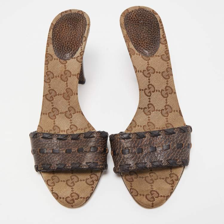 Pre Owned Gucci Brown Leather Slide Sandals Size 38.5