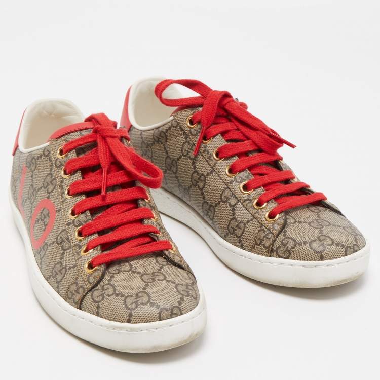 Pre Owned Gucci Brown Canvas and Leather Ace Sneakers Size 35