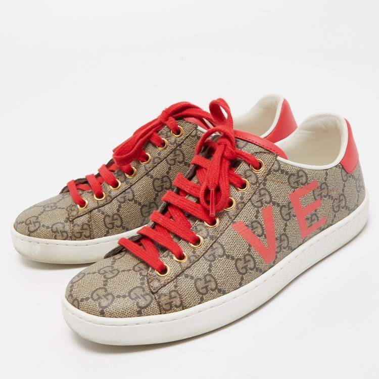 stribet Modtager maskine Tidsserier Gucci Brown Canvas and Leather Ace Sneakers Size 35 Gucci | TLC