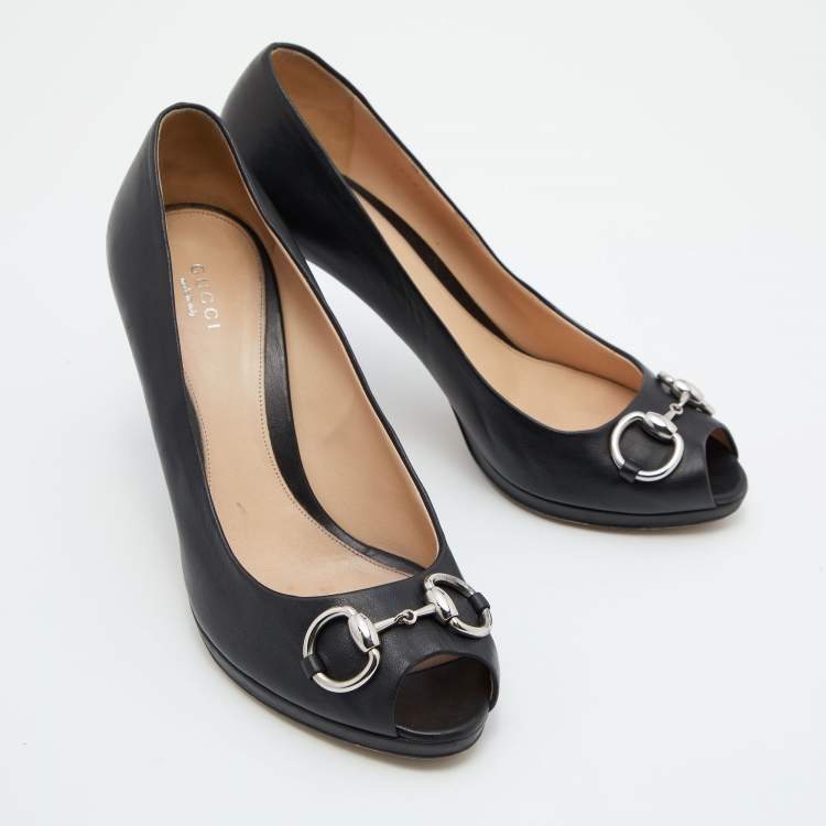 Pre Owned Gucci Black Leather Horsebit Peep Toe Platform Pumps Size 39.5 