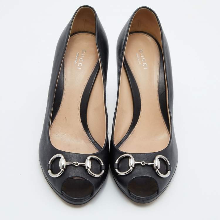 Pre Owned Gucci Black Leather Horsebit Peep Toe Platform Pumps Size 39.5 