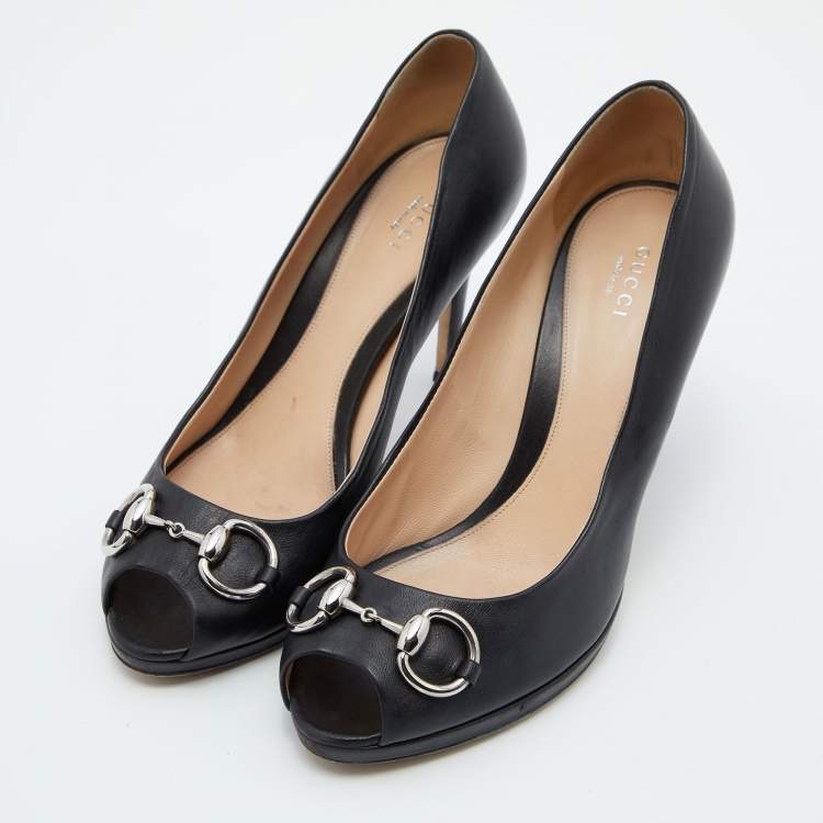 Pre Owned Gucci Black Leather Horsebit Peep Toe Platform Pumps Size 39.5 