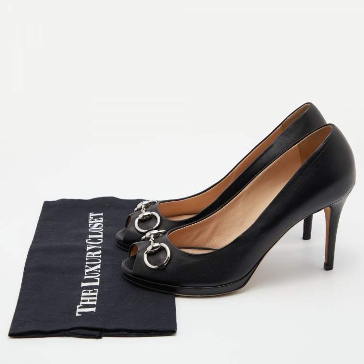 Pre Owned Gucci Black Leather Horsebit Peep Toe Platform Pumps Size 39.5 