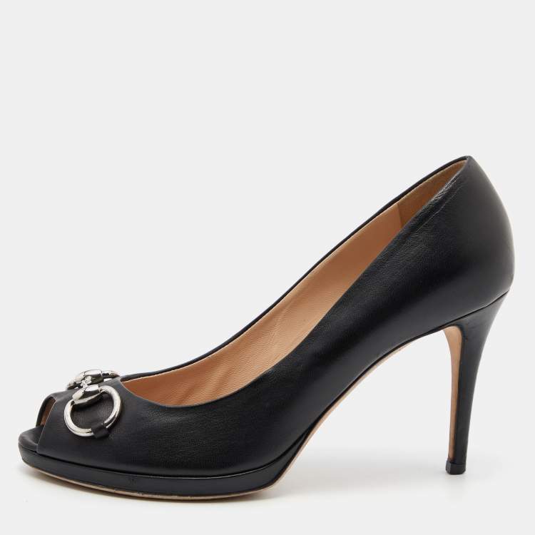 Pre Owned Gucci Black Leather Horsebit Peep Toe Platform Pumps Size 39.5 