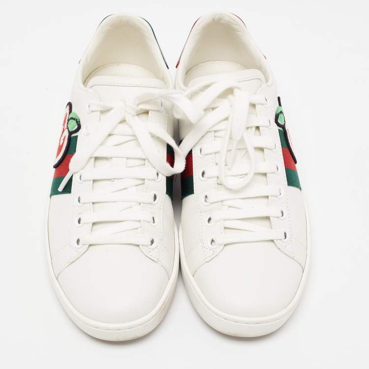 Pre Owned Gucci White Leather GG Apple Applique Ace Sneakers Size 35
