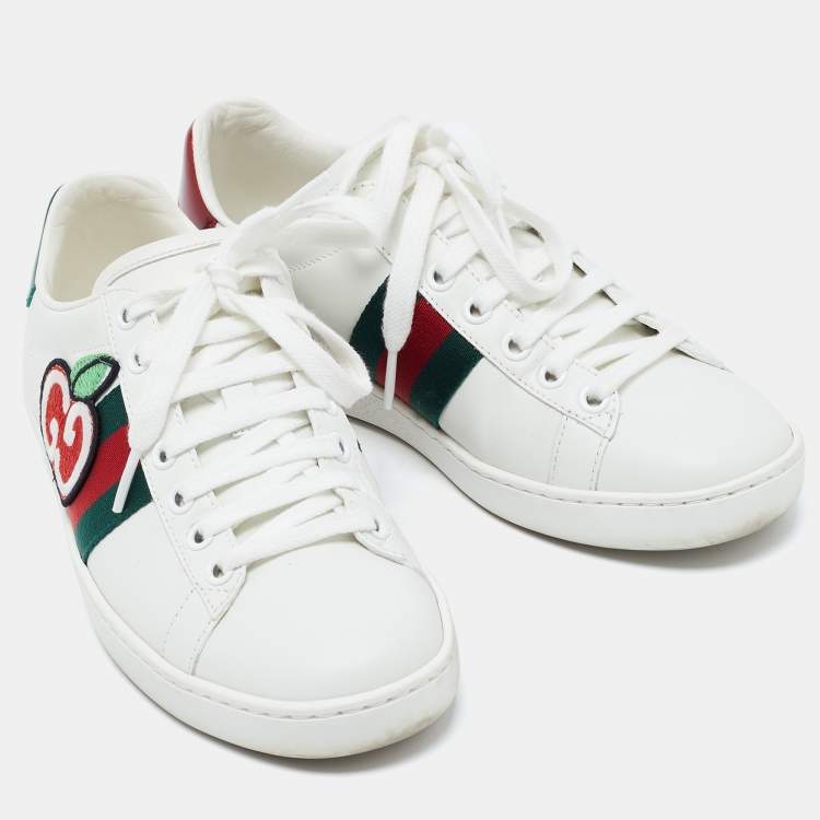 Pre Owned Gucci White Leather GG Apple Applique Ace Sneakers Size 35