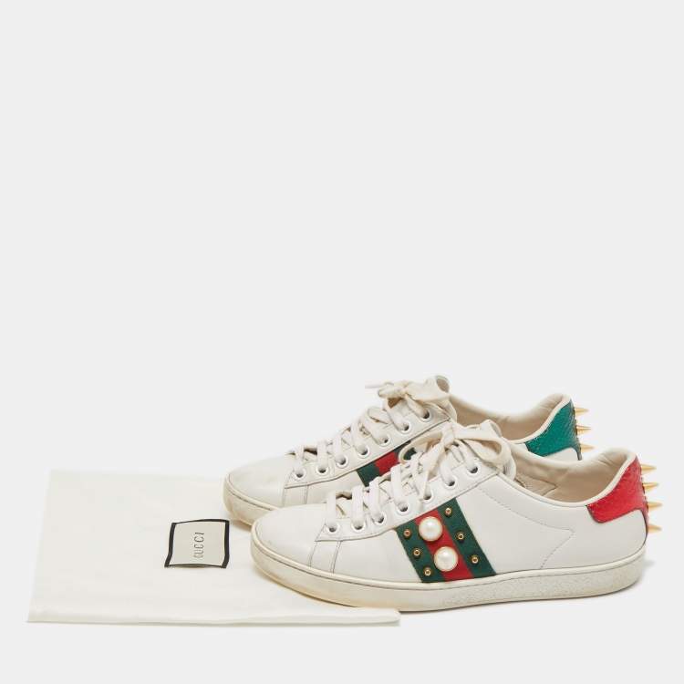 Pre Owned Gucci White Leather Pearl Embellished and Studded Ace Sneakers Size 35