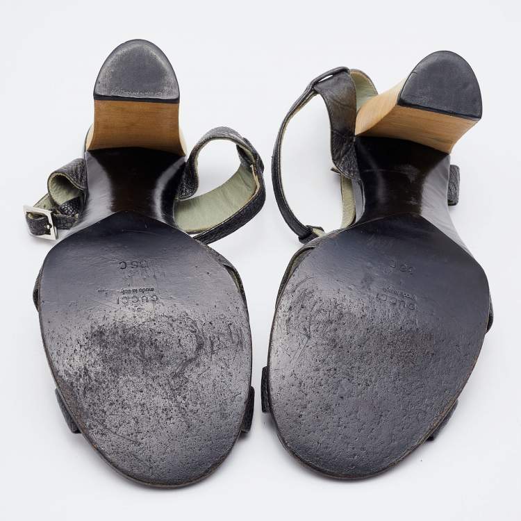 Pre Owned Prada Deep Green Ostrich Leather Ankle Strap Block Heel Sandals Size 36