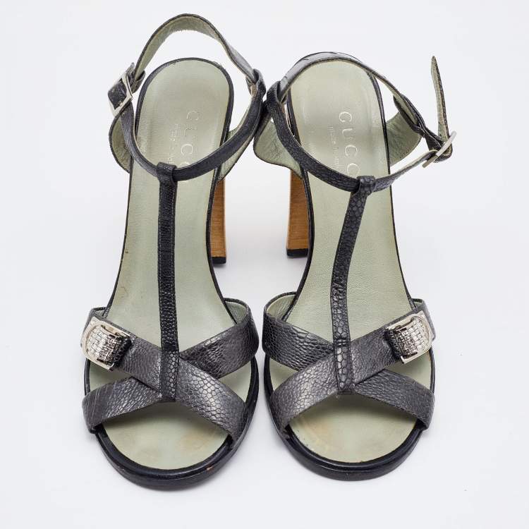 Pre Owned Prada Deep Green Ostrich Leather Ankle Strap Block Heel Sandals Size 36