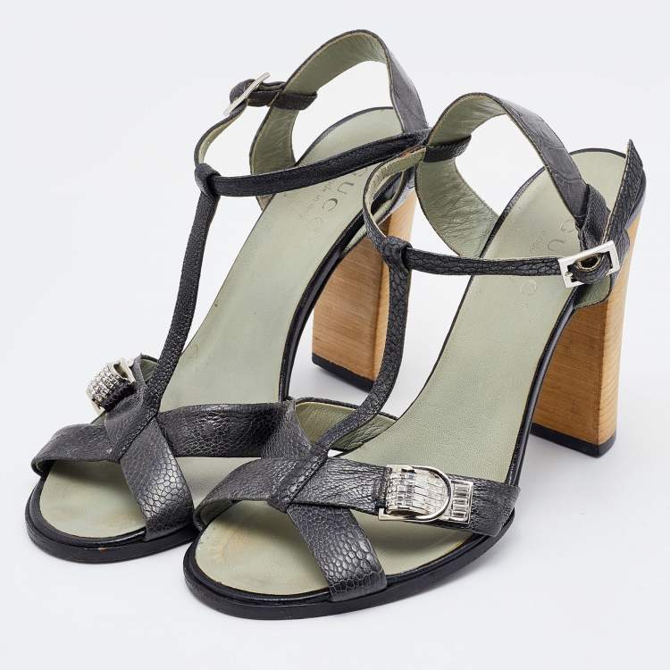 Pre Owned Prada Deep Green Ostrich Leather Ankle Strap Block Heel Sandals Size 36