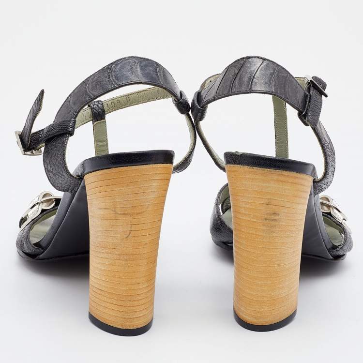 Pre Owned Prada Deep Green Ostrich Leather Ankle Strap Block Heel Sandals Size 36