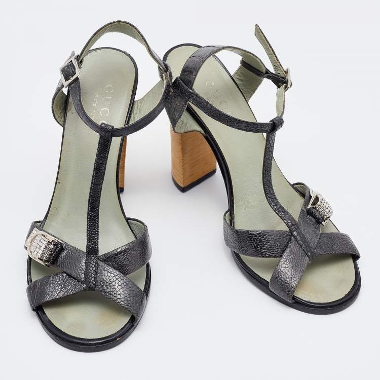 Pre Owned Prada Deep Green Ostrich Leather Ankle Strap Block Heel Sandals Size 36