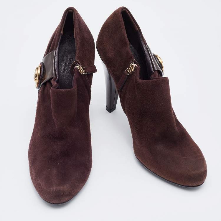 Pre Owned Gucci Brown Suede and Patent Leather Hysteria Ankle Booties Size 38