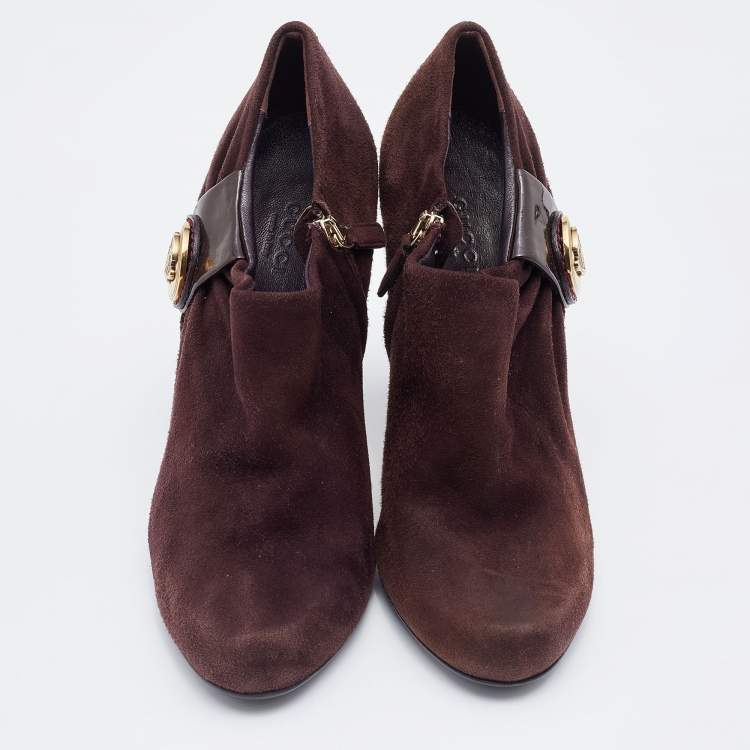 Pre Owned Gucci Brown Suede and Patent Leather Hysteria Ankle Booties Size 38