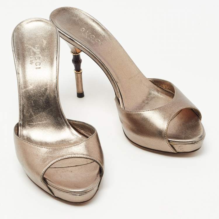 Pre Owned Gucci Metallic Bronze Leather Slide Sandals Size 35