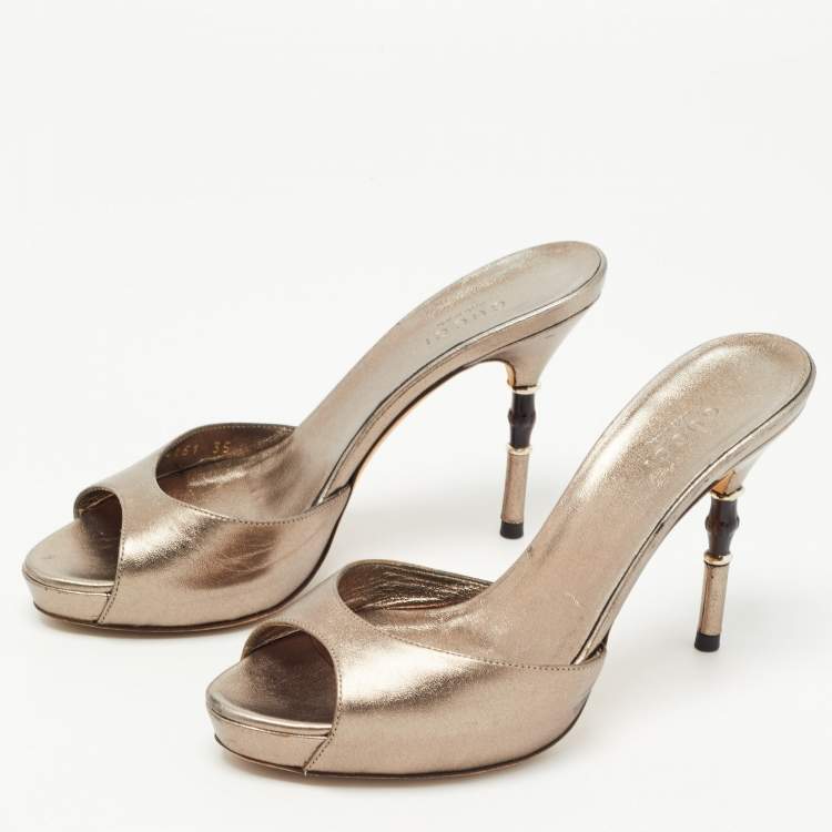 Pre Owned Gucci Metallic Bronze Leather Slide Sandals Size 35