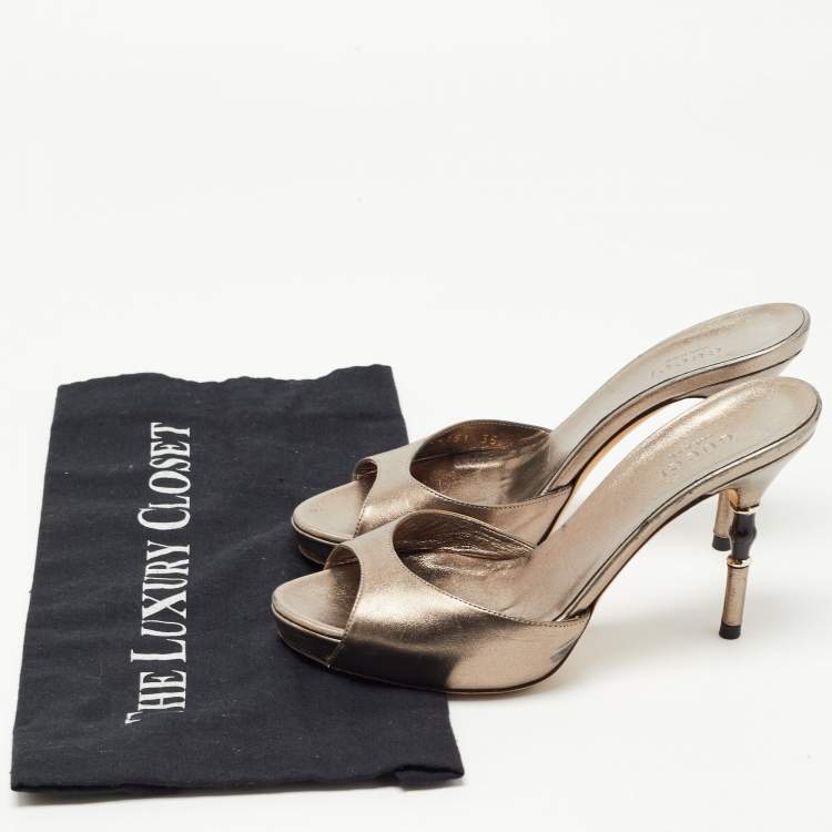Pre Owned Gucci Metallic Bronze Leather Slide Sandals Size 35