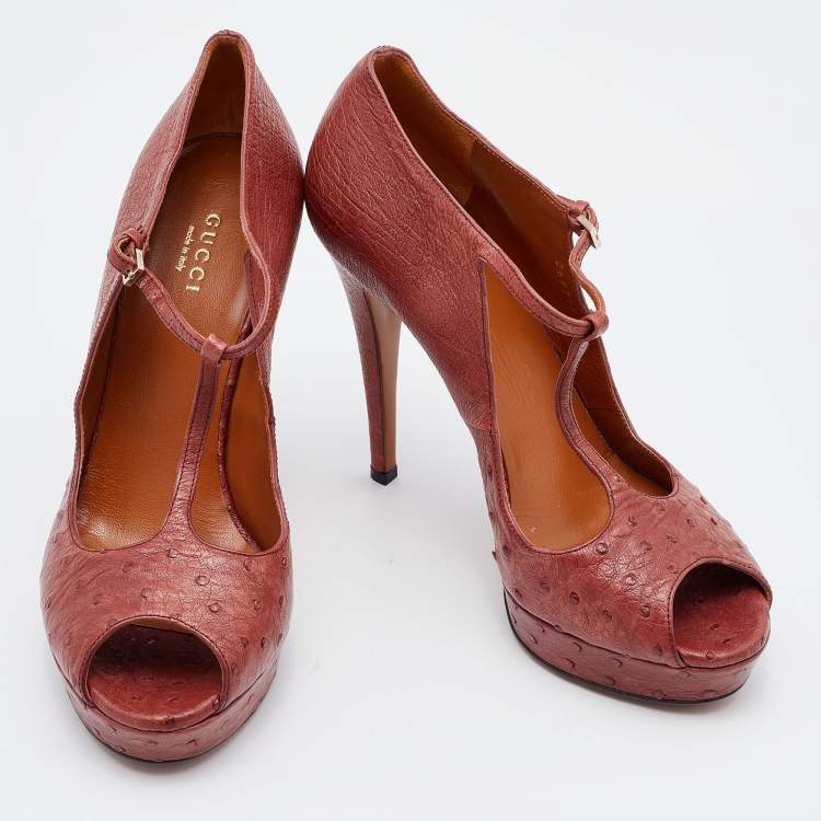 Pre Owned Gucci Rust Ostrich Betty T-Strap Platform Pumps Size 38