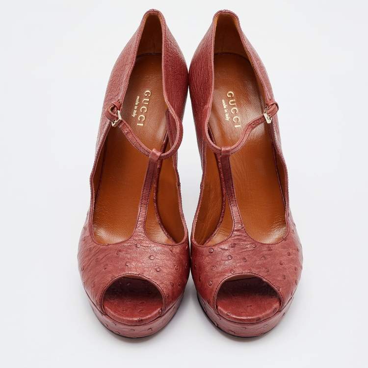 Pre Owned Gucci Rust Ostrich Betty T-Strap Platform Pumps Size 38