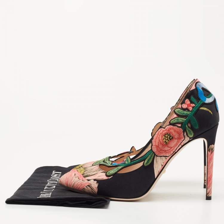 Pre Owned Gucci Black/Pink Floral Satin Ophelia Pumps Size 40.5